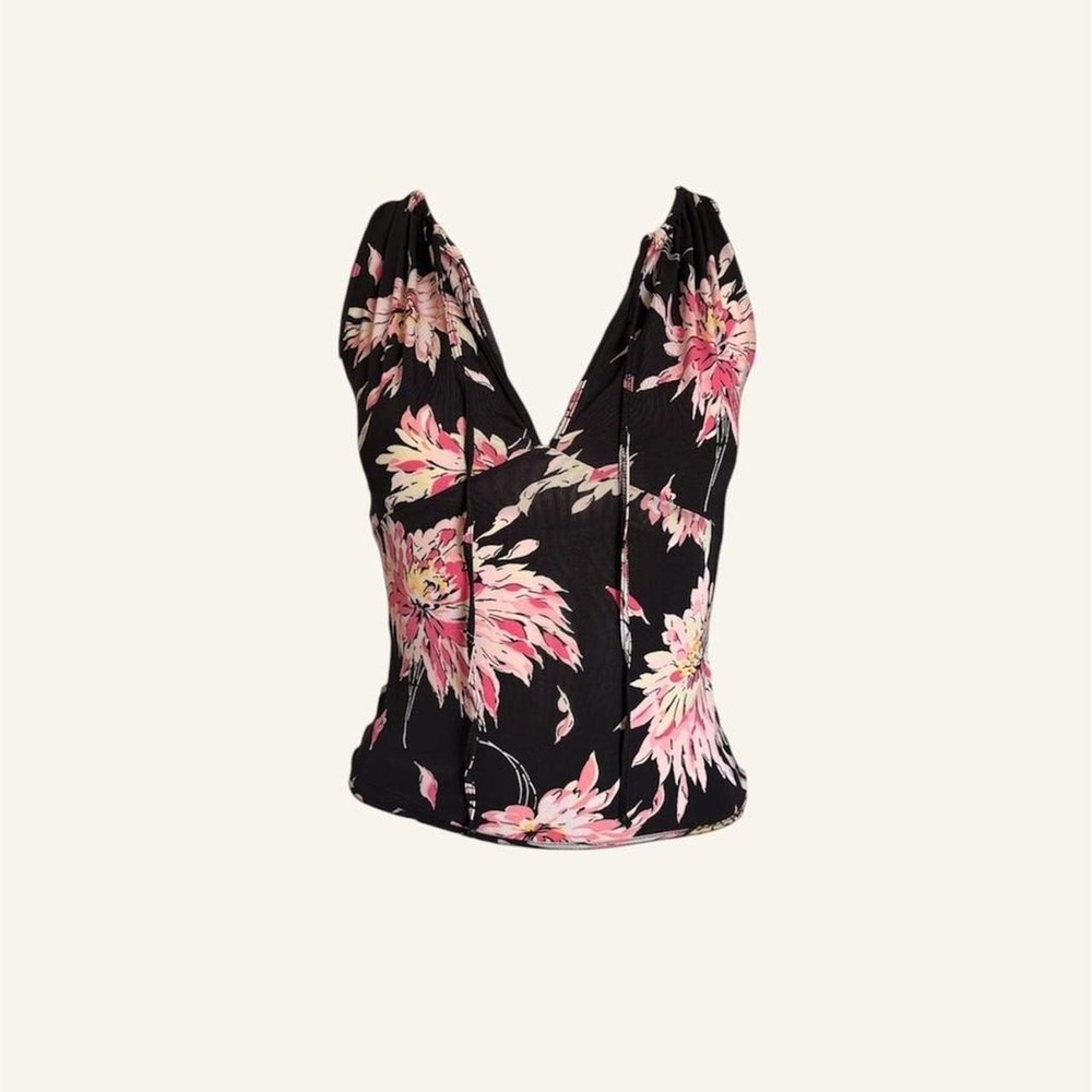 Blumarine Anna Molinari black floral top sleeveless keyhole halter vintage y2k